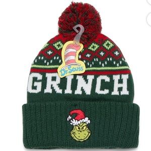 Dr. Seuss NWT Unisex Green The Grinch Pom Pom Ribbed Cuffed Beanie Cap Knit Hat